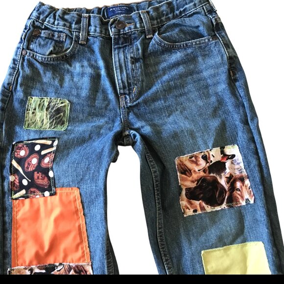 Children's Pants, Size 10 Husky: Upcycled Puppies Baseball Theme Patchwork Jeans - Picture 3 of 16